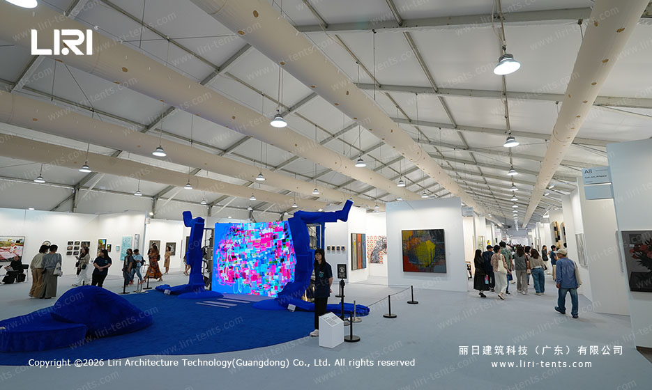 Exhibition tent installation on sloping ground at Central Art Fair