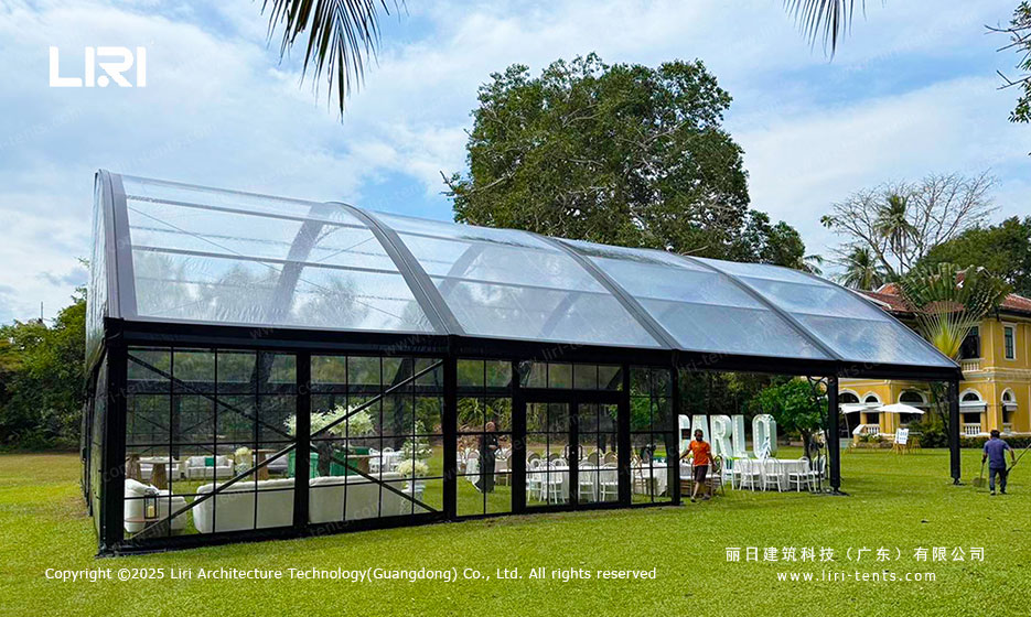 Garden orangery tent on grass for an outdoor event site