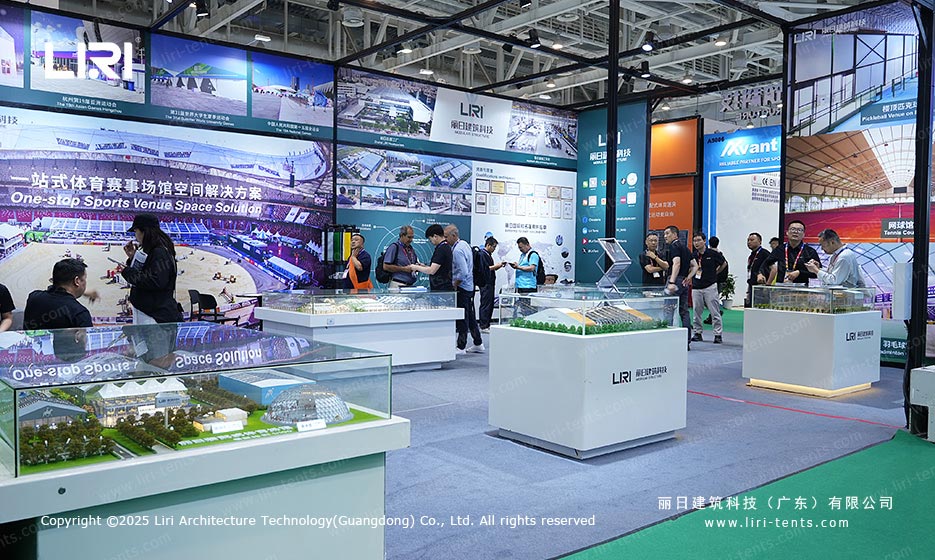 Liri Tent exhibition stand at China Sport Show 2026 with venue models and product screens