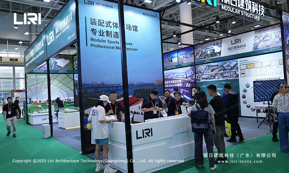 Liri Tent sports venue booth reception area with visitors at China Sport Show