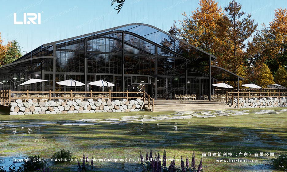 Orangery tent leisure venue exterior beside a lake and terrace seating