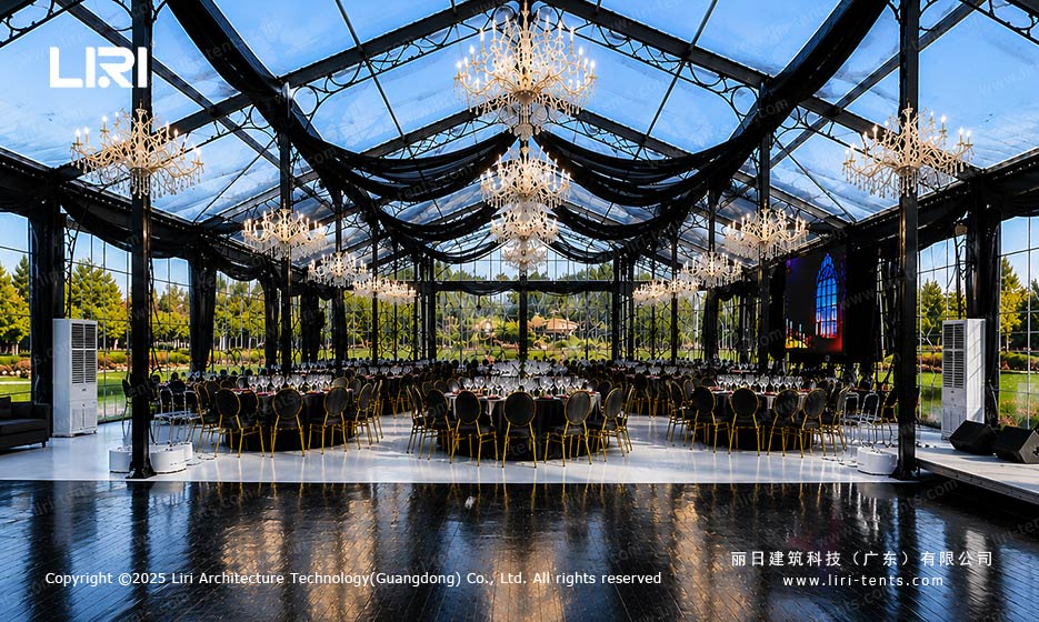 Orangery tent banquet interior with portable air conditioning units beside the glass walls