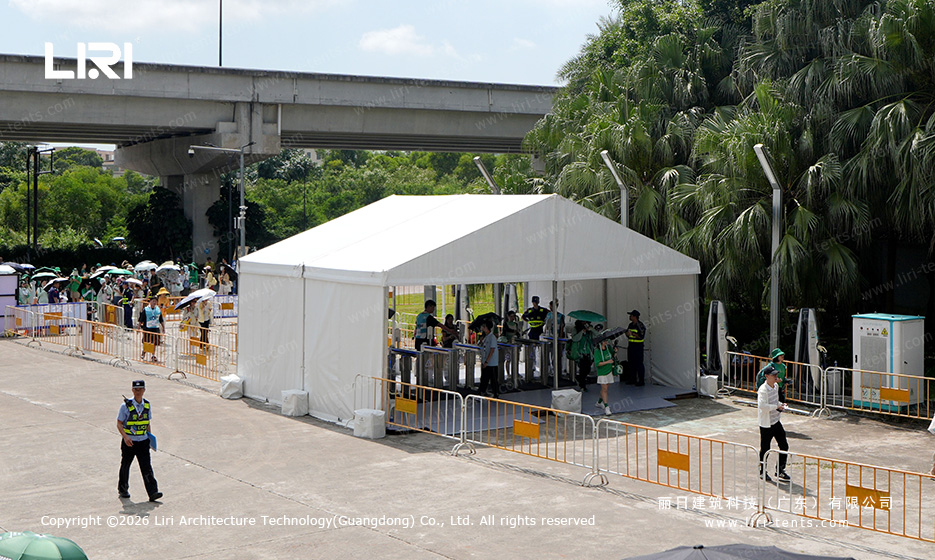 Motorsport security checkpoint tent with access control gates