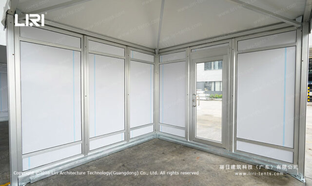 Modular pagoda tent corner with aluminum wall frames and glass door