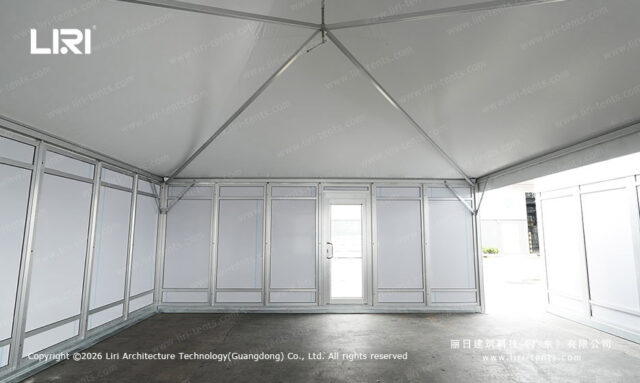 Modular pagoda tent interior showing roof bracing and wall panels
