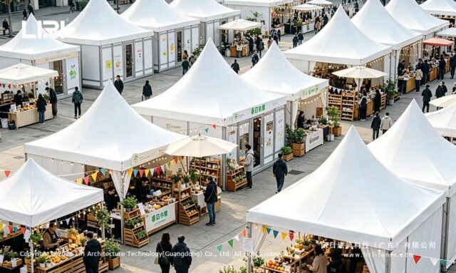 White modular pagoda tents arranged as outdoor market stalls