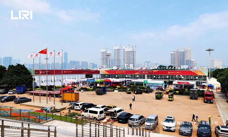 Outdoor exhibition tents and vehicle displays at the 140th Canton Fair