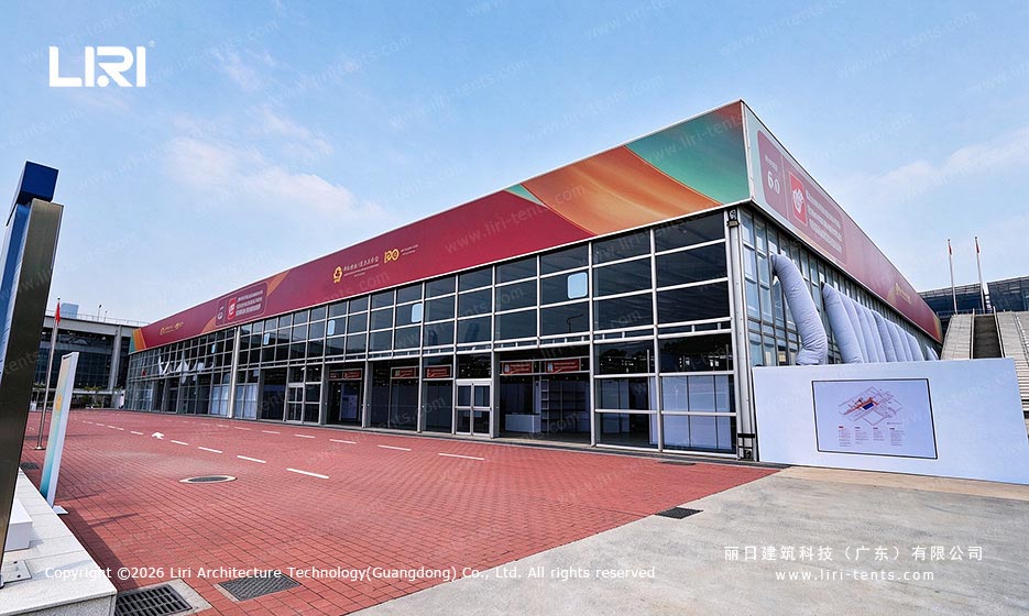Canton Fair exhibition tent with a glass facade, anniversary branding and inflatable roof membrane